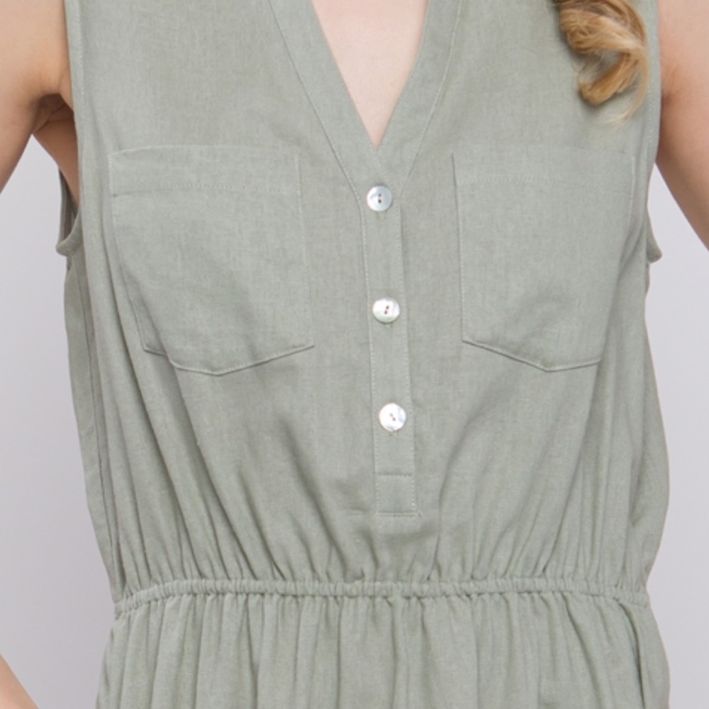 LINEN BLEND SLEEVELESS V NECK DRESS WITH POCKETS - SAGE - Picture 4 of 5
